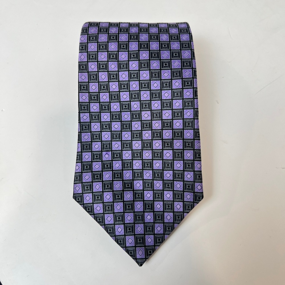 Geoffrey Beene Tie 100% Silk Mens Purple Black Geometric Necktie Office‎ Church